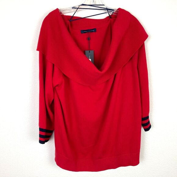 New TOMMY HILFIGER Women's 2X Off-The-Shoulder Sweater Red Navy Blue Stripe - Picture 2 of 6